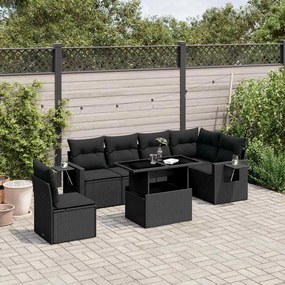 7 pcs conjunto de sofás p/ jardim c/ almofadões vime PE preto