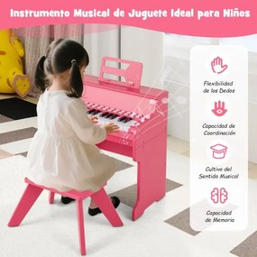 Piano de brincar com 25 teclas para crianças 38 x 24 x 47 cm, com banco e suporte, velocidade e volume ajustáveis, modo de aprendizagem, design em mad