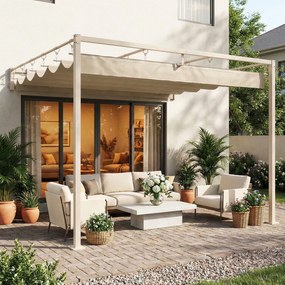 Pérgola de Parede para Jardim 3x3 m com Teto Retrátil Proteção UPF30+ e Drenagem Pérgola para Exterior Bege