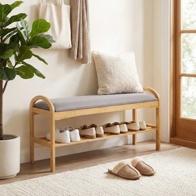 Banco sapateira 100,5 x 31 x 51 cm com almofada de bambu e estante de arrumação para entrada, corredor ou quarto cinzento