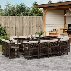 vidaXL 13 pcs conjunto jantar p/ jardim c/ almofadões vime PE castanho