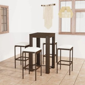 vidaXL 5 pcs conjunto de bar p/ jardim com almofadões vime PE castanho