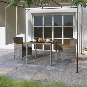 vidaXL 3 pcs conjunto de jantar jardim vime PE e vidro temperado cinza