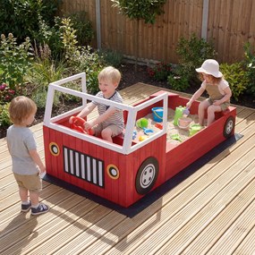 Caixa de areia infantil em madeira de abeto, em forma de camião dos bombeiros 156 x 80 x 70 cm, com banco, volante giratório, 2 assentos e tapete, , v