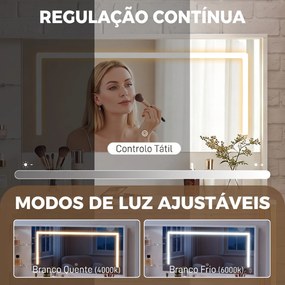 Toucador de Maquilhagem com Espelho LED Banco 5 Gavetas 2 Compartimentos e 2 Prateleiras em Vidro Branco