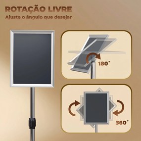 Suporte para Cartazes A3 Altura Ajustável Giratório 360° Moldura de Alumínio e Aço Inoxidável Prata