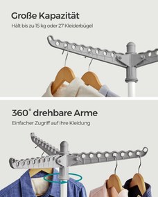 Estendal para a roupa com 3 braços rotativos e 4 pernas cinzento-branco