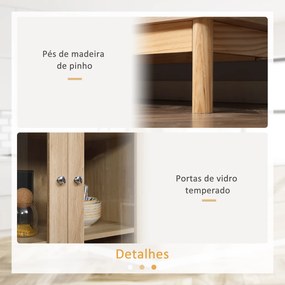 HOMCOM Armário de Cozinha Móvel Auxiliar de Cozinha com 1 Gaveta 4 Portas de Vidro Prateleiras Ajustáveis e Pés Elevados para Sala de Jantar Sala de Estar Anti-Tombamento 76x40x183cm Carvalho