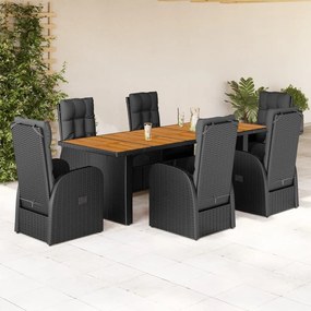 vidaXL 7 pcs conjunto de jantar p/ jardim c/ almofadões vime PE preto
