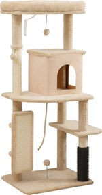 Arranhador para Gatos Grande Altura 132 cm com Plataformas Postes com Escova Bolas Suspensas e Almofadas para Arranhar Bege