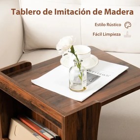 Mesa lateral móvel em forma de C com prateleira aberta 2 níveis para sala de estar quarto 42,5 x 38 x 67 cm Castanho