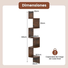 Estante de canto 20 x 20 x 126 cm de 5 níveis Organizador de armazenamento montado na parede para sala, quarto e cozinha Castanho