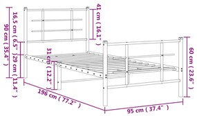 Estrutura de cama com cabeceira e pés 90x190 cm metal branco