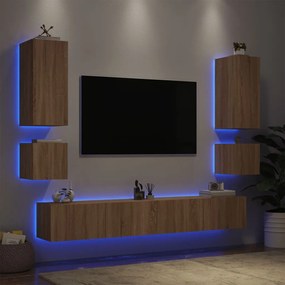 6 pcs móveis de parede para TV com luzes LED carvalho sonoma