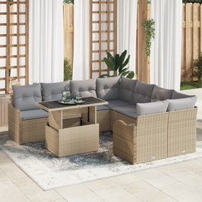 Conjunto de Sofá de Jardim 9 Peças com Almofadas Bege Poliratan, Sofá
