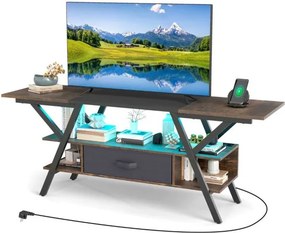 Móvel de TV de 140 cm Armário de televisão de 55-65 polegadas de 3 níveis com luzes LED coloridas ajustáveis Castanho e Preto