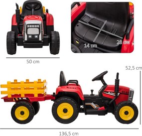 Trator Elétrico com Reboque Amovível com Controlo Remoto Música MP3 Luzes e Cinto de Segurança 136,5x50x52,5 cm Vermelho