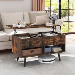 Mesa de centro 80 x 40 x 44,5 cm elevável em madeira com compartimento oculto e 2 prateleiras abertas café