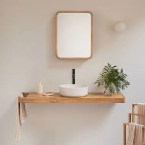 Conjunto De Móvel De Casa De Banho 130x45 Cm Suspenso Em Madeira De Teca Neill Madeira De Teca & Cerâmica Redonda Branca Ø40 Cm Lenka & Preto Mate ↑30