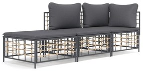 3 pcs conjunto lounge de jardim c/ almofadões vime PE antracite