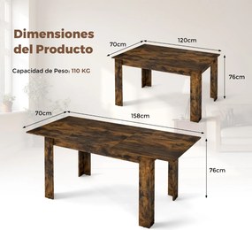 Mesa de jantar extensível 120 - 158 cm x 70 x 76 cm moderna com superfície ajustável Café
