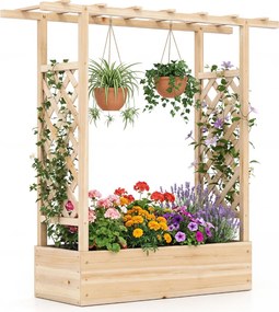 Floreira de jardim elevada em madeira com treliça 110 x 35 x 114 cm, teto suspenso, orifícios de drenagem, abeto, para plantas trepadeiras natural