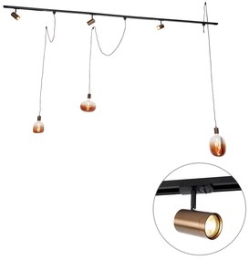 Sistema trilho monofásico com 3 focos e luminárias suspensas bronze escuro - Cavalux Jeana Moderno