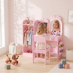 Toucador Infantil com Banco, 92 x 36 x 103,3 cm, Design 3 em 1, Cor-de-rosa