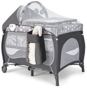 Berço de viagem dobrável 5 em 1 Centro de berçário portátil para bebés com Moisés Berço Trocador Toldo Música Rodas 102 x 72 x 74 cm Cinzento
