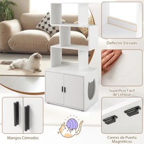 Móvel de caixa areira oculta para gatos com 3 prateleiras abertas, entrada lateral e portas 60 x 45,5 x 142 cm Branco