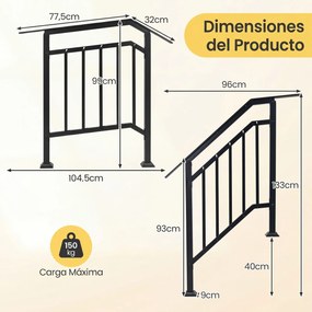 Conjunto de 2 Corrimãos de Proteção Lateral para Escadas, 96-104,5 x 9 x 133-99 cm, Ajustáveis, Preto
