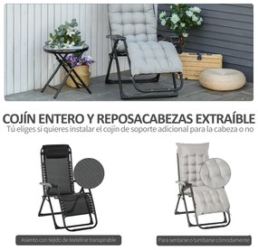 Outsunny Cadeira reclinável dobrável com almofada removível acolchoado de textilene Porta-copos para pátio jardim praia Carga 150 kg 90x65x110 cm Cinza
