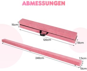 Barra de equilíbrio dobrável para crianças, 240 cm, barra de ginástica com alça de transporte, rosa