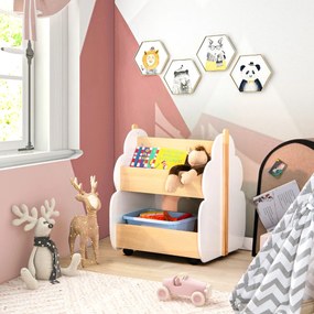 Estante de madeira para crianças com rodas Estante de brinquedos multifuncional de 2 níveis Organizador de livros 52 x 46 x 62,5 cm Branco