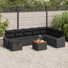 Conjunto de Sofá de Jardim de 9 Peças com Almofadas Preto em Rattan Si