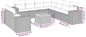 10 pcs conjunto sofás de jardim c/ almofadões vime PE preto