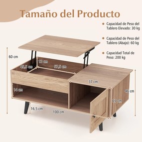 Mesa de centro 100 x 50 x 46 cm com tampo elevável e arrumação rebatível com compartimento oculto e estante para sala de estar natural