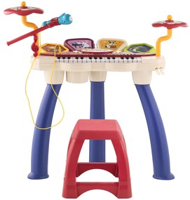 Piano Eletrónico para Crianças com 32 Teclas Microfone Banco Luzes 19 Músicas e Bateria 74x32,2x71 cm Multicor
