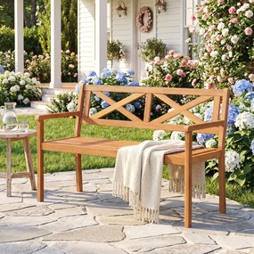 Banco de jardim de acácia de 2 lugares com encosto, 56 x 119 x 80 cm braços e assento em ripas, com capacidade para 360 kg, Natural
