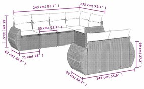 7 pcs conj. sofás jardim com almofadões vime PE cinzento-claro