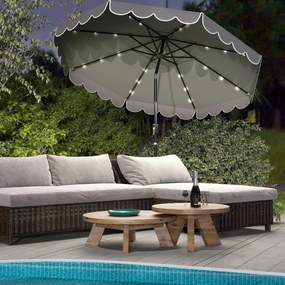 Guarda-sol de 300 cm com 24 luzes LED, parte superior ventilada, folhos e ajuste de inclinação cinzento