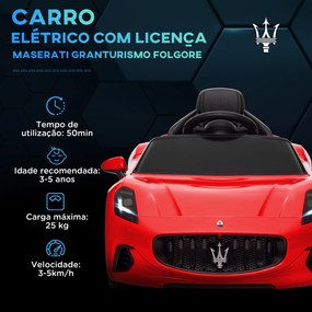 Carro Elétrico para Crianças Maserati Gran Turismo Folgore 12V Controlo Remoto Faróis Buzina e Música MP3 98x59x43 cm Vermelho
