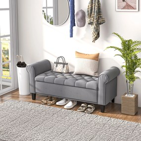 Banco de arrumação para a cabeceira da cama com braços, tecido com efeito de veludo, estofado e acolchoado, 126 x 48,5 x 57 cm, cinzento