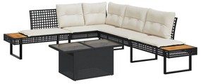2 pcs conj. sofás p/ jardim c/ almofadões vime PE e vidro preto