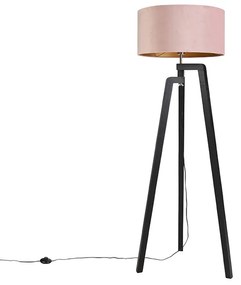Candeeiro de pé tripé preto com cúpula rosa e dourado 50 cm - Puros Country / Rústico