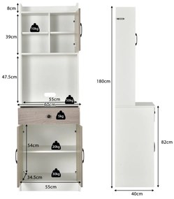 Armário de cozinha com 3 portas, despensa, gaveta, escorredor de roupa, prateleiras reguláveis, amplo espaço aberto para micro-ondas, branco