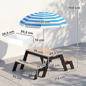Mesa de piquenique infantil com guarda-sol, conjunto de jardim 3 em 1 em madeira para crianças dos 3 aos 6 anos com 2 caixas, natural