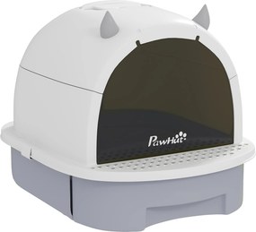 PawHut Caixa de Areia para Gatos Fechada com Tampa e Bandeja Amovíveis Filtro de Carvão e Pá 40,5x52x39 cm Branco e Cinza | Aosom Portugal