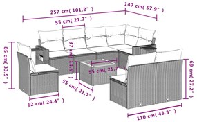 9 pcs conjunto de sofás p/ jardim com almofadões vime PE bege