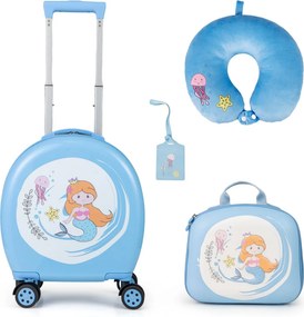 Conjunto de 4 peças malas viagem para crianças com bagagem de mão sobre rodas Mochila Almofada de pescoço e Etiqueta de bagagem azul